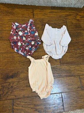 Baby Girl Romper Trio - Floral Burgundy, Cream Gauze, Peacha at Ribbed